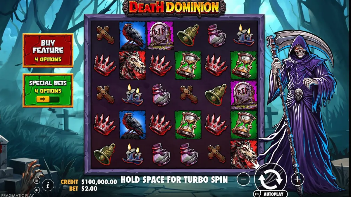 Tampilan visual slot Death Dominion dengan tema gotik dan Grim Reaper